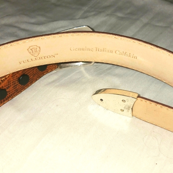 Tan Italian Lizard Embossed Leather Belt with Silver Buckle Sz 52 - Picture 5 of 7